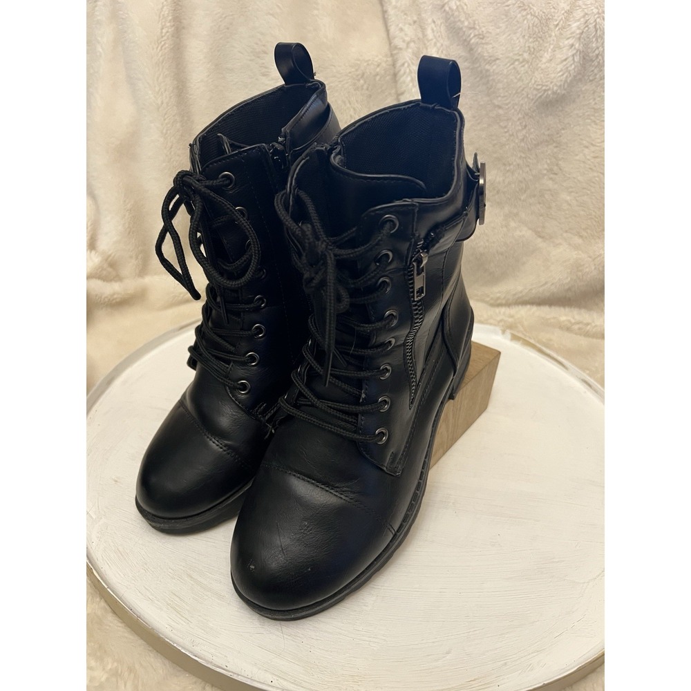 Alexis Bendel Black Faux Leather Combat Boots Zip Lace Up Chunky Lug Sole Sz 7